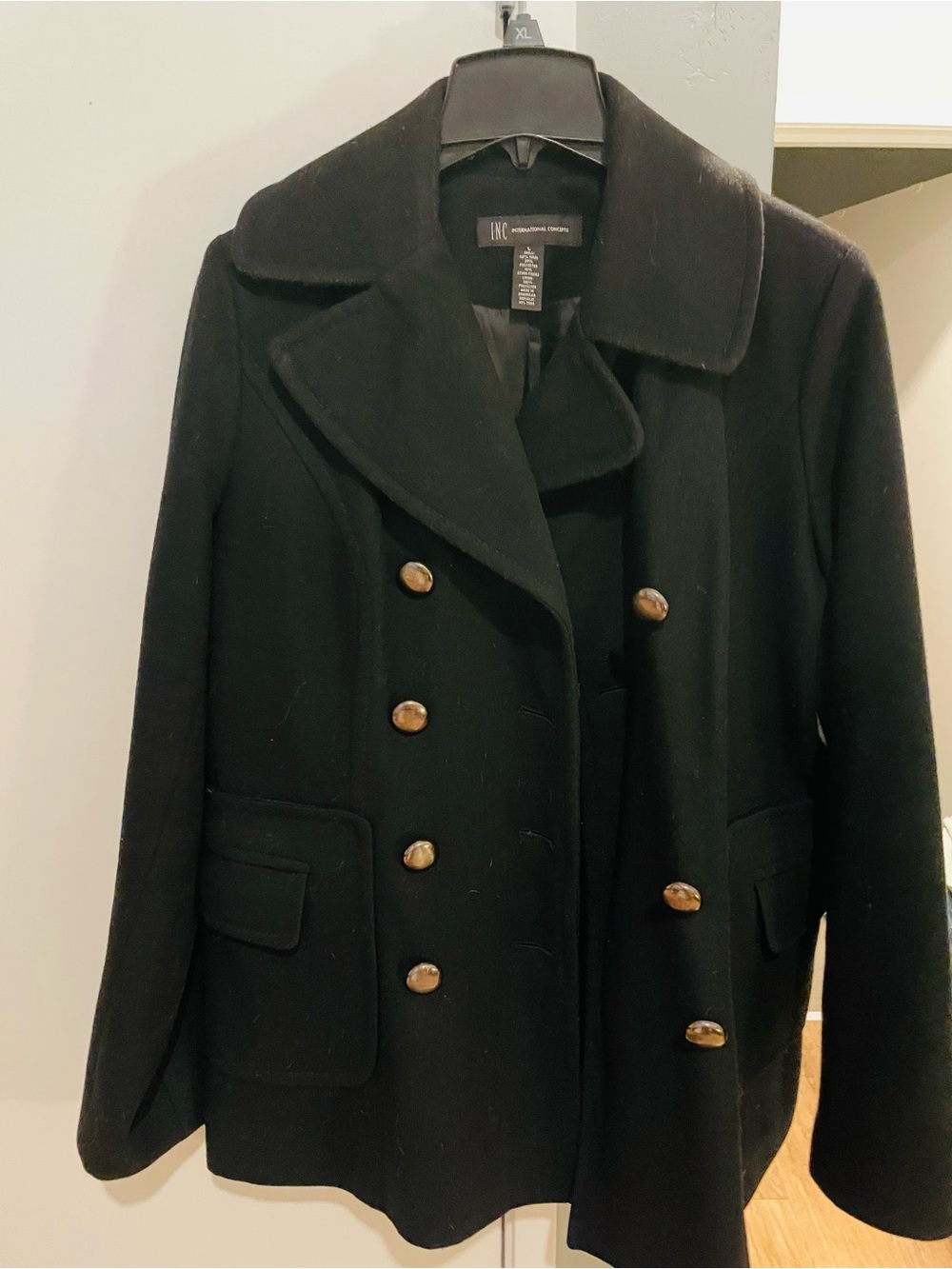 INC International Concepts Black Double-Breasted Pea Coat with Gold Buttons